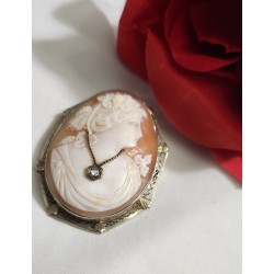 14KT WHITE GOLD  VICTORIAN FABULOUS CAMEO WITH DIAMOND NECKLACE  SIZE 2" by 1.5"