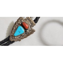 NATIVE AMERICAN SILVER TURQUOISE & RED CORAL BOLO NECKLACE HANGS AT 18"
