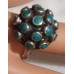 STERLING RING, W, BEZEL SET TURQUOISE CLUSTER STONES S-8 OPEN SHANK ALLOWS FOR ADJUSTMENT