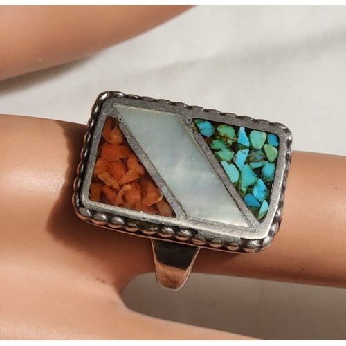 SOUTHWEST STERLING RING, INLAY CORAL,TURQUOISE & MOTHER OF PEARL S-7,WT.9.0 GR.