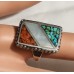 SOUTHWEST STERLING RING, INLAY CORAL,TURQUOISE & MOTHER OF PEARL S-7,WT.9.0 GR.