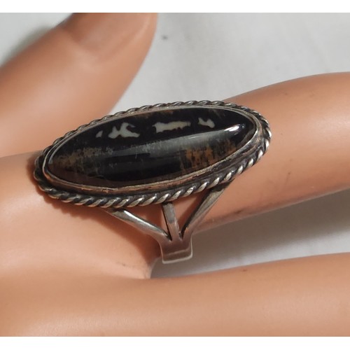 STERLING RING AGATE DARK ELONGATED STONE RING SIZE 7.5