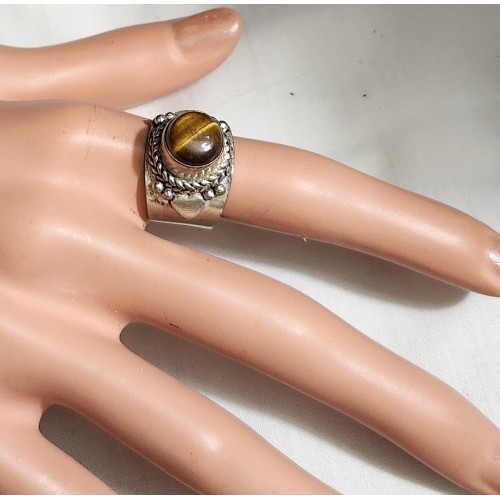 STERLING RING WITH NATURAL TIGEREYE STONE BEZEL SET S-8